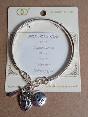 Armor of God Silver Tone Charm Bracelet Bangle Religious Jewelry Gift Sword
